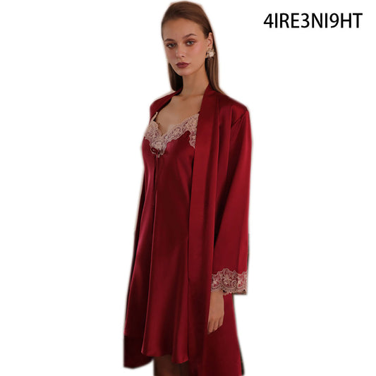 4IRE3NI9HT Women Robe Lace Sleepwear Pajama Set